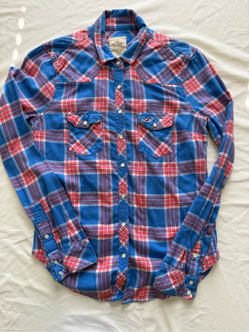Hollister Womens Blue and Pink Plaid Pearl Snap Flannel Shirt Cowgirl Country